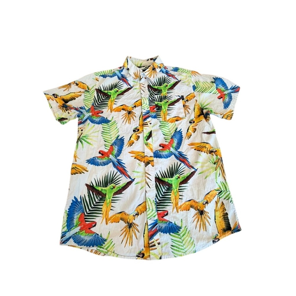 Empyre Surplus Co Mens M Tropical Parrot Print Button‎ Down Shirt White Multi